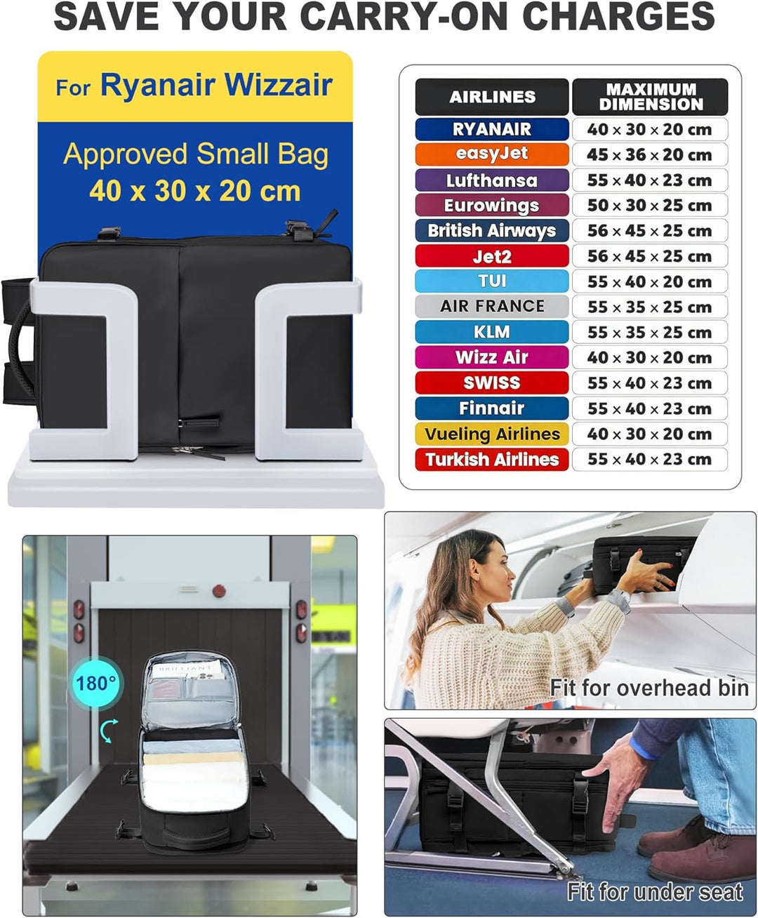 SZLX Vakuum Rucksack Ryanair Handgepäck 40x30x20 Wizzair Rucksack 40x20x25 für Ryanair Reiserucksack