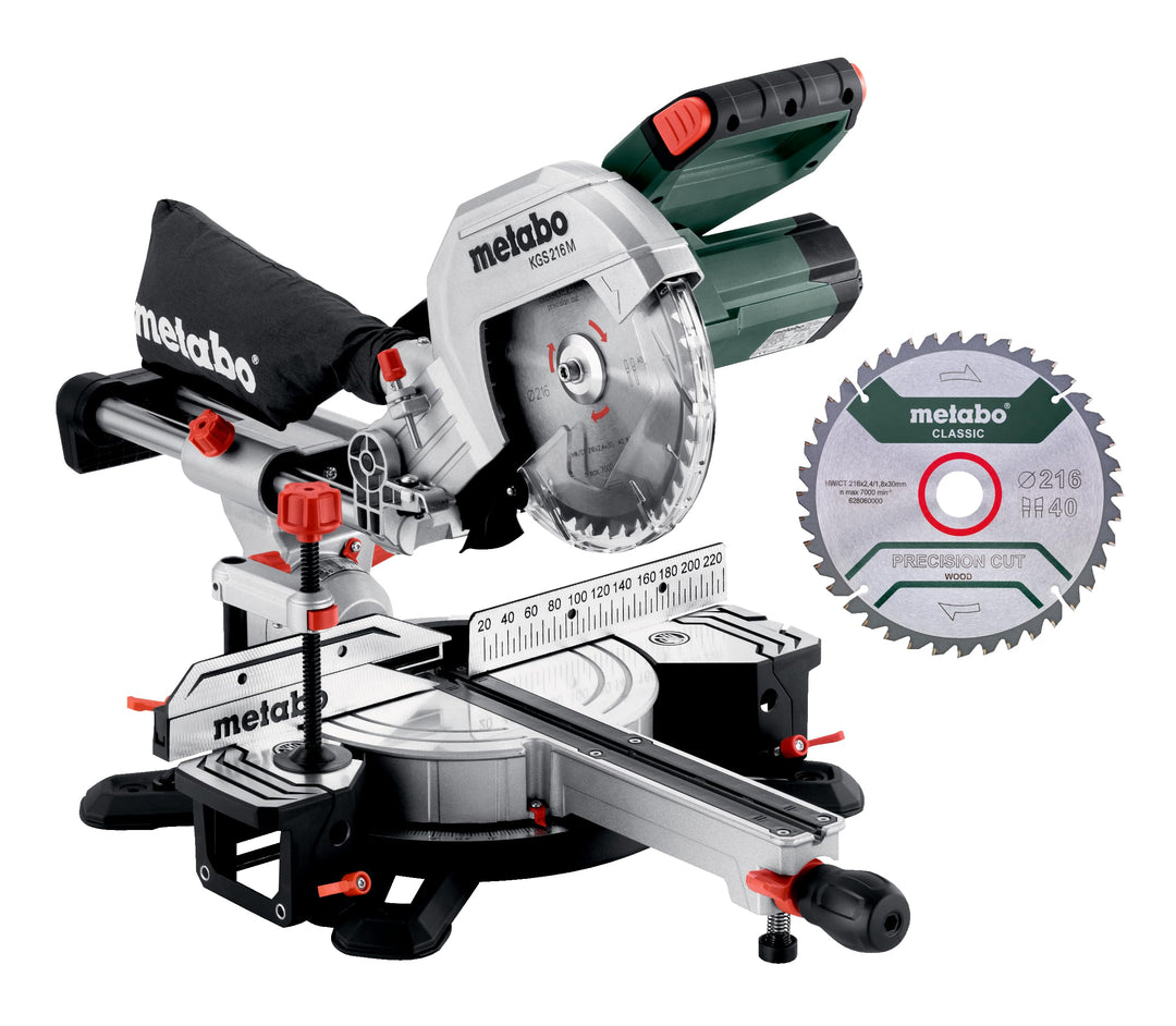 Metabo KGS 216 M Set Kappsäge (Karton, mit 2. Hartmetall-Sägeblatt, Klasse M, mit Sägeblattneigung,