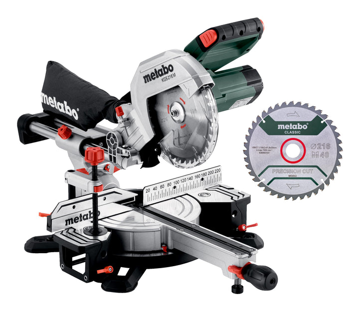Metabo KGS 216 M Set Kappsäge (Karton, mit 2. Hartmetall-Sägeblatt, Klasse M, mit Sägeblattneigung,