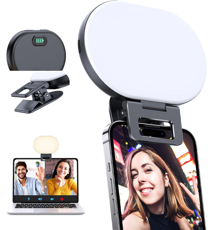 Selfie Licht, Handy Licht Videolicht mit Clip, Rechargeable 2000mAh Akkus, 3 Lichtmodi & Helligkeit