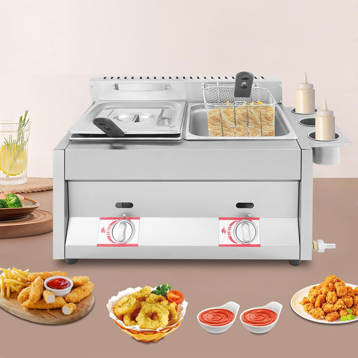 Gewerbliche Gas-Fritteuse 2 Becken je 6L, 430 Edelstahl Tischfriteuse 50-380°C, Flüssiggas Frittierg