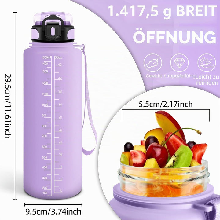 HoneyHolly Trinkflasche 1500ML, Auslaufsicher mit Zeitmarkierung, Water Bottle, Trinkflaschen mit Fi