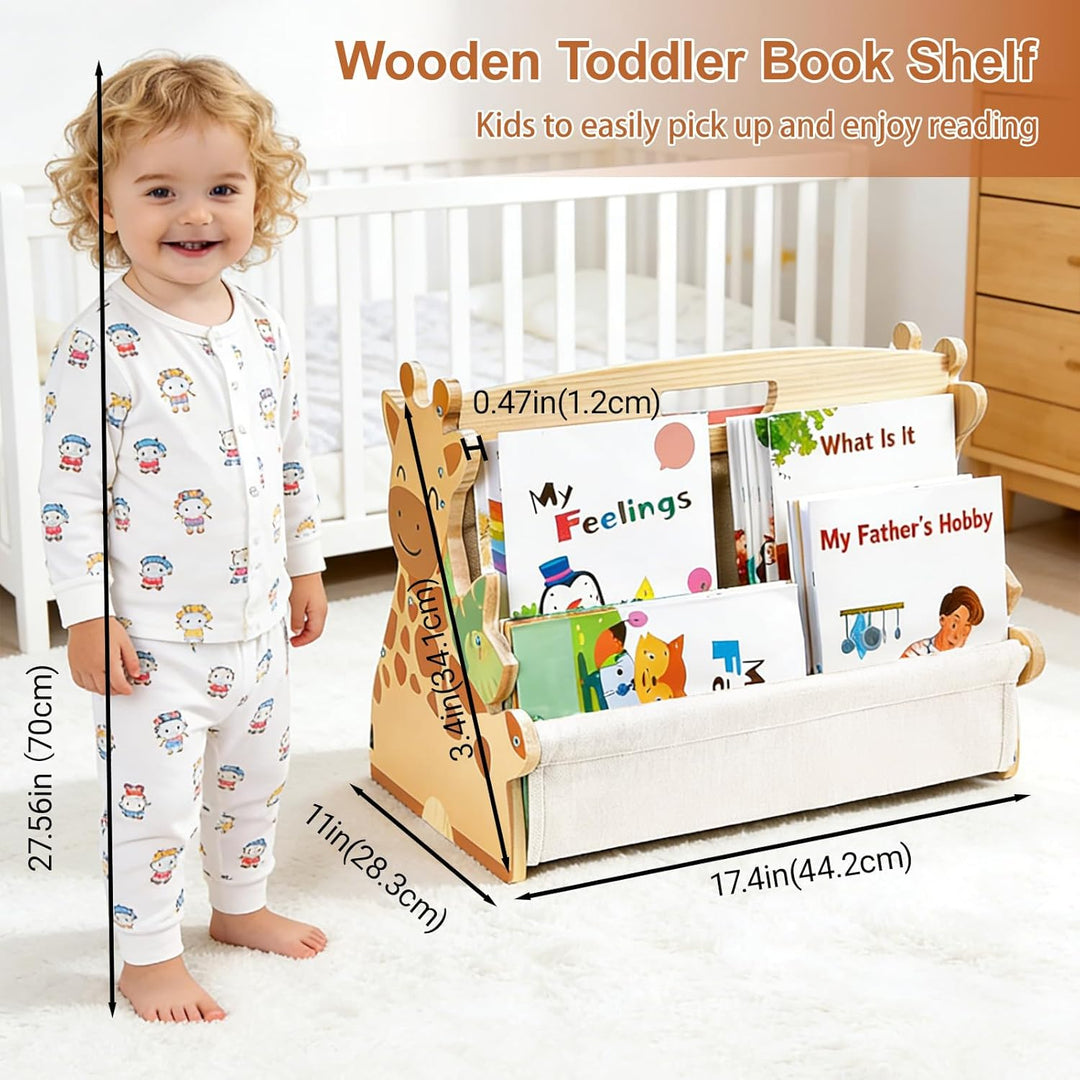 Kinder Bücherregal aus Holz, Montessori Bücherregal mit robusten Canvas-Taschen, tragbar mit Griff,