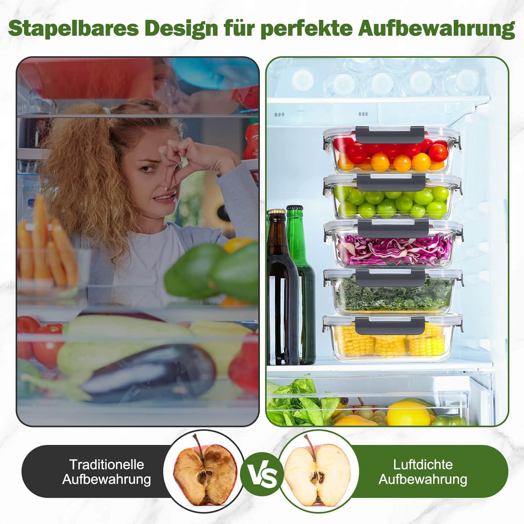 YASHE Glasbehälter mit Deckel, 10 Teile Stapelbar &amp; Luftdicht Meal Prep Boxen Glas für Spülmaschinen