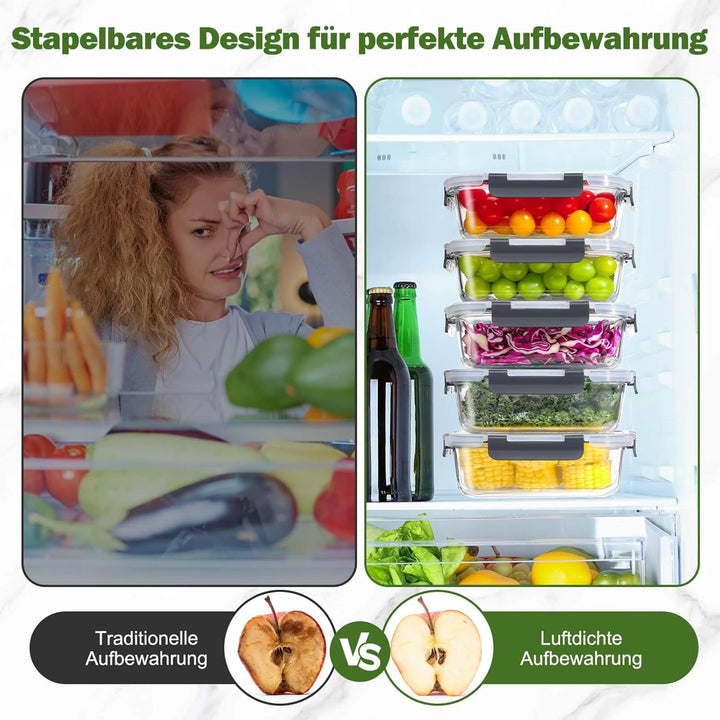 YASHE Glasbehälter mit Deckel, 10 Teile Stapelbar &amp; Luftdicht Meal Prep Boxen Glas für Spülmaschinen