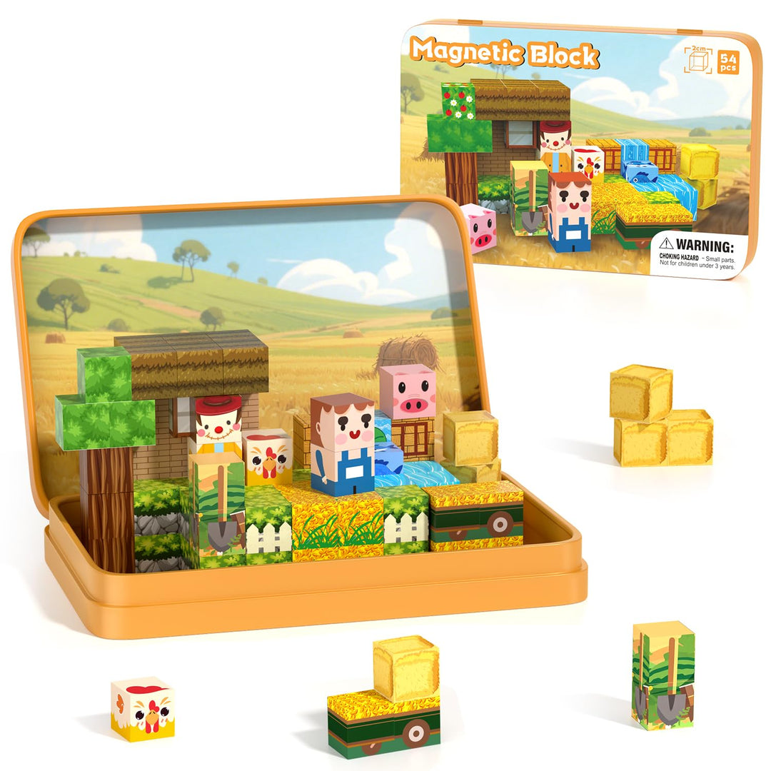Magnetische Bausteine, Mini Magnet Bausteine mit Tragbaren Box 54 PCS, Travel Set für Kinder Jungen