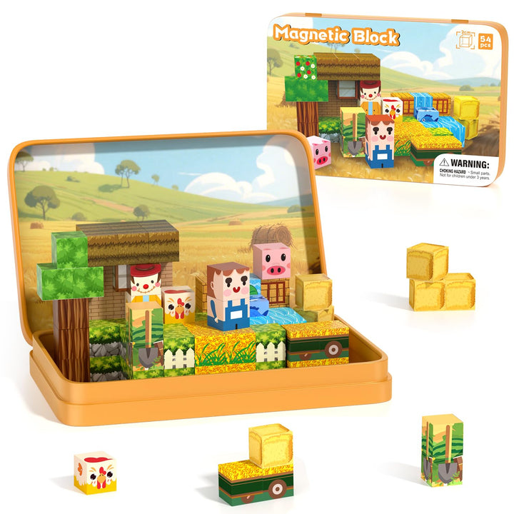 Magnetische Bausteine, Mini Magnet Bausteine mit Tragbaren Box 54 PCS, Travel Set für Kinder Jungen