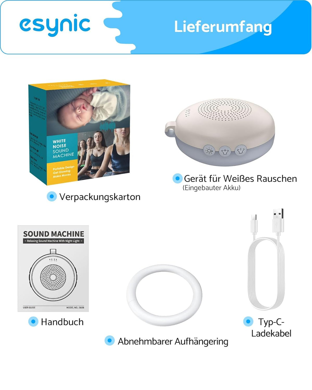 eSynic Weisses rauschen Baby Einschlafhilfe Baby & Erwachsene Tragbare White Noise Machine mit Nacht