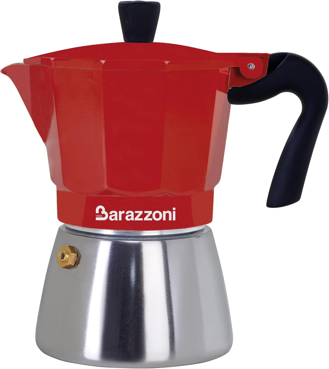 BARAZZONI, Espressokocher, Aluminium und Stahl, Modell Hybrid rot, 3 Tassen, sicher, stabil, elegant