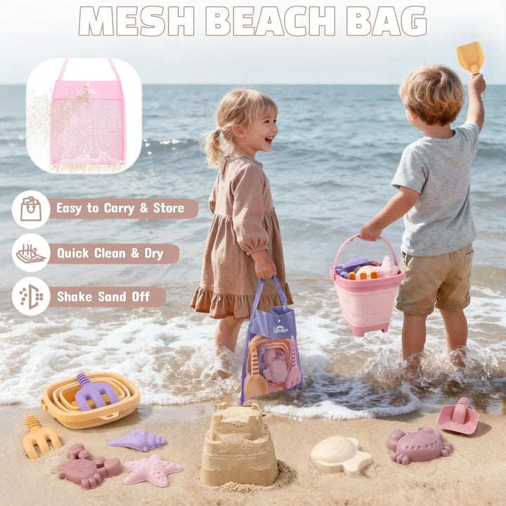 Dreamon Sandspielzeug Strandspielzeug Kinder, 18 PCS Reise Sandspielzeug mit Faltbarer Eimer, Sandka