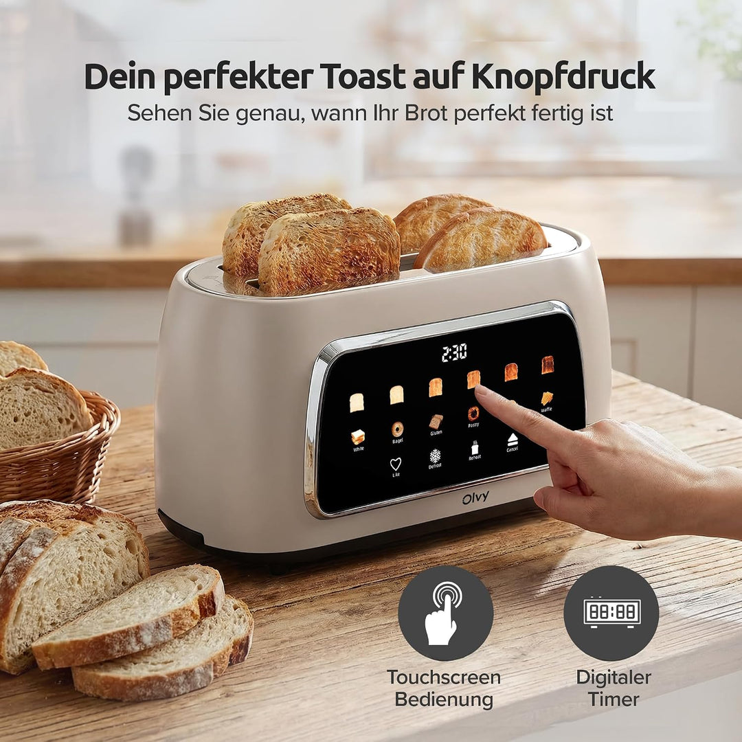 Olvy Premium Toaster mit LCD-Display & Timer – Extra Breite Schlitze (Auftauen/Aufwärmen) – 6 Progra