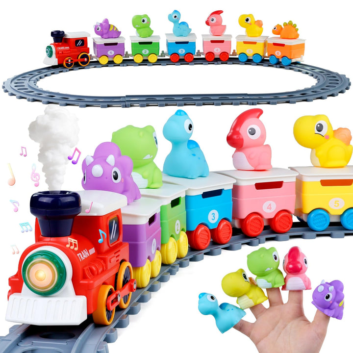 Montessori Zug Set mit Schienen, Licht & Dampfeffekt, Dinosaurier Fingerpuppen, Lernspielzeug für Ki