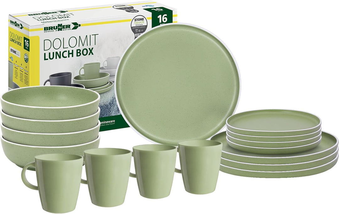 BRUNNER Melamin Geschirr Set Lunch Box Dolomit Stone Touch Camping Teller 16tlg Grün, Grün