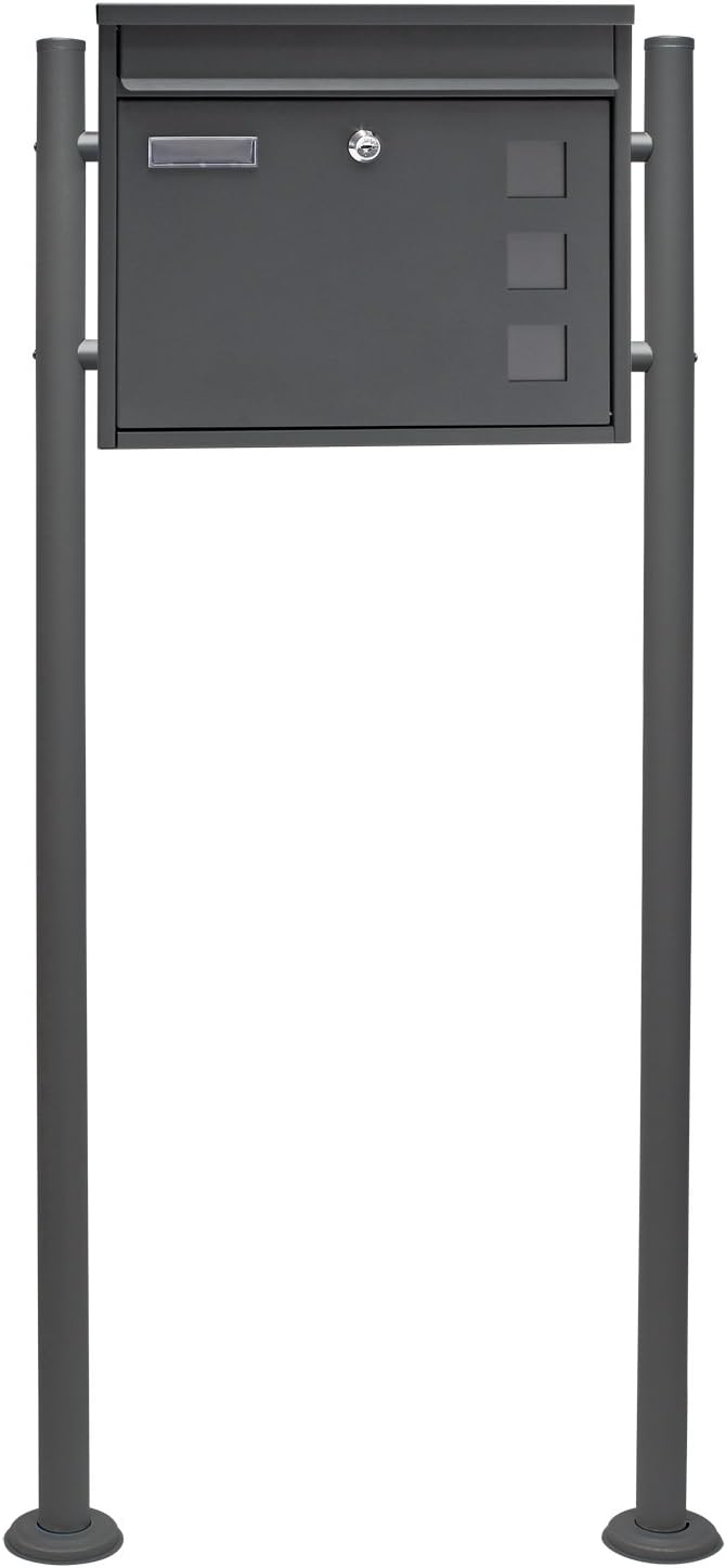 Wiltec Set Briefkasten V12 Anthrazit 360 x 115 x 320 mm mit Ständer, Wandbriefkasten mit Schloss, Si