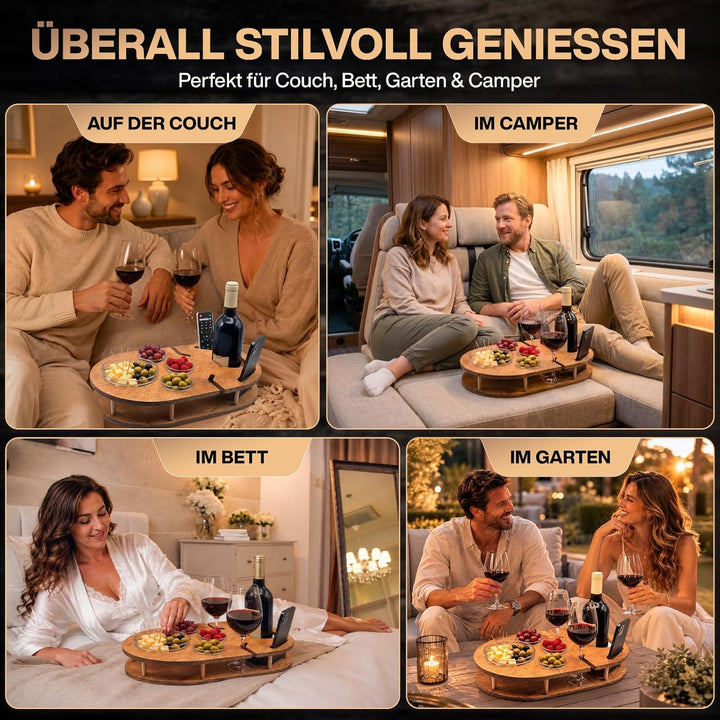 Couchbar Weinbar in Eiche mit 4 Glasschalen | PERSONALISIERBAR | Snackbox für Wein mit Getränkehalte