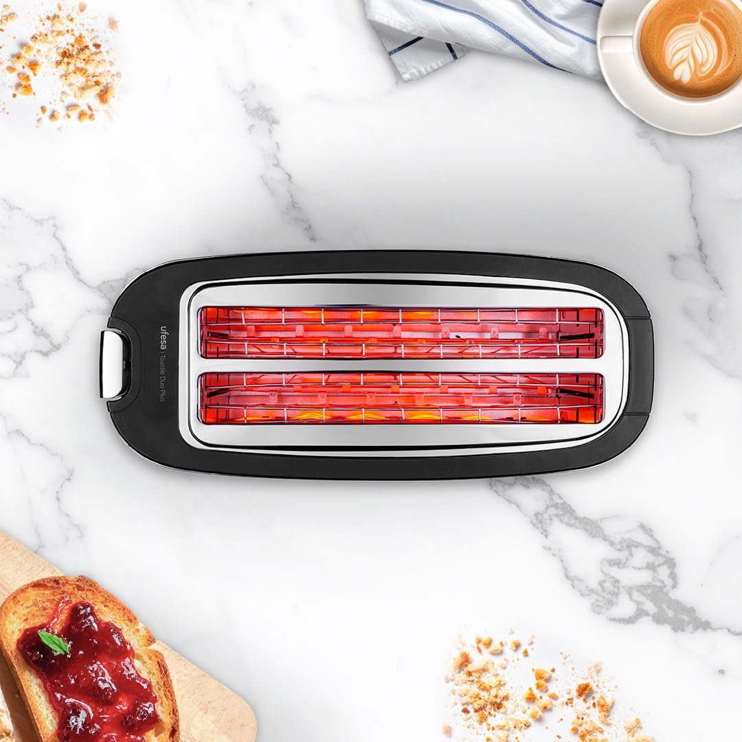 Ufesa Toaster Toastie Duo Plus 1400W aus Edelstahl, 2 Lange Schlitze, 7 Leistungsstufen, Funktionen