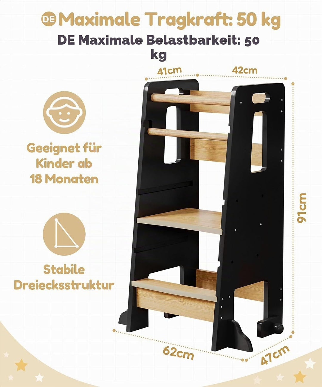 Yorbay Lernturm ab 1 Jahr: 3-Fach Höhenverstellbar Montessori Lernturm mit Kippschutz - Massiv und S