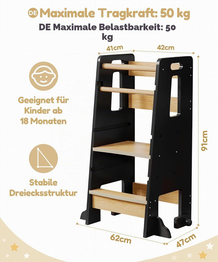 Yorbay Lernturm ab 1 Jahr: 3-Fach Höhenverstellbar Montessori Lernturm mit Kippschutz - Massiv und S