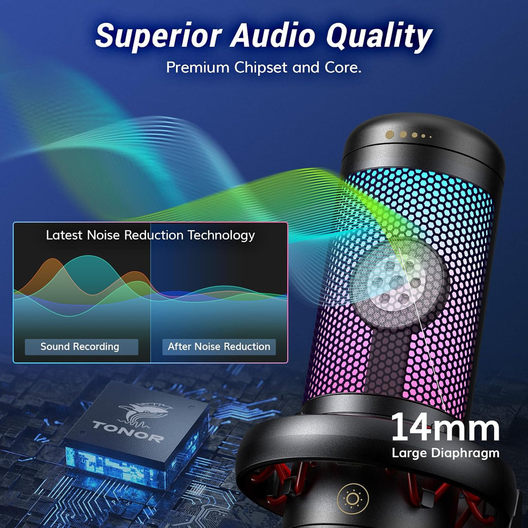 TONOR Gaming Mikrofon PC, USB Microphone für Computer PS4/5, Kondensatormikro mit RGB-Modi & Helligk