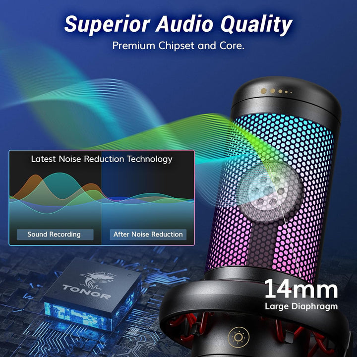 TONOR Gaming Mikrofon PC, USB Microphone für Computer PS4/5, Kondensatormikro mit RGB-Modi & Helligk
