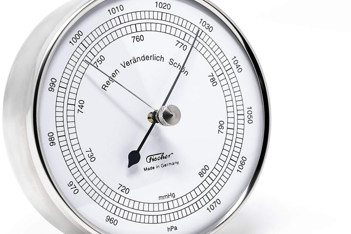 Fischer 15.01 - Barometer - 103mm Druckmessgerät mit Edelstahl-Gehäuse und weissem Ziffernblatt - Ma