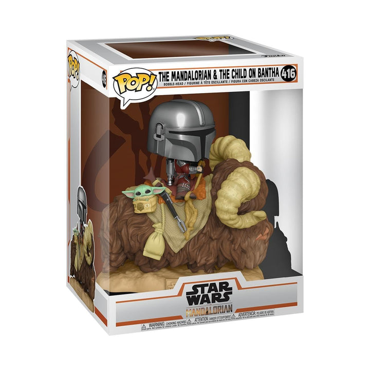 Funko 52373 POP The Mandalorian-Deluxe 2 Mando on Bantha w/Child in Bag Sammelbares Spielzeug, Mehrf