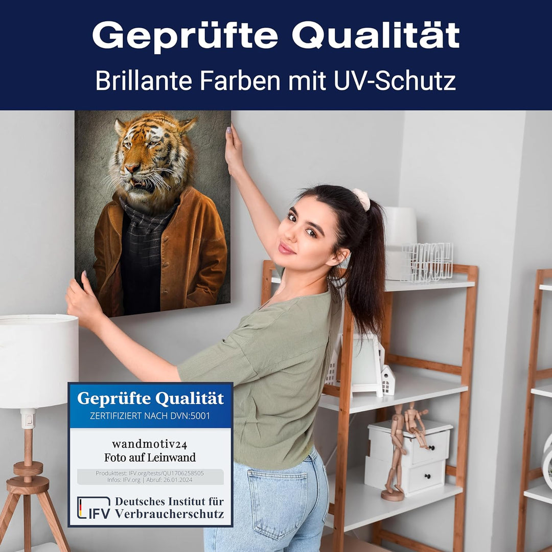 wandmotiv24 Leinwand-Bild Casual Tiger, Grösse 40x30cm, Hochformat, Wandbilder, Dekoration Wohnzimme