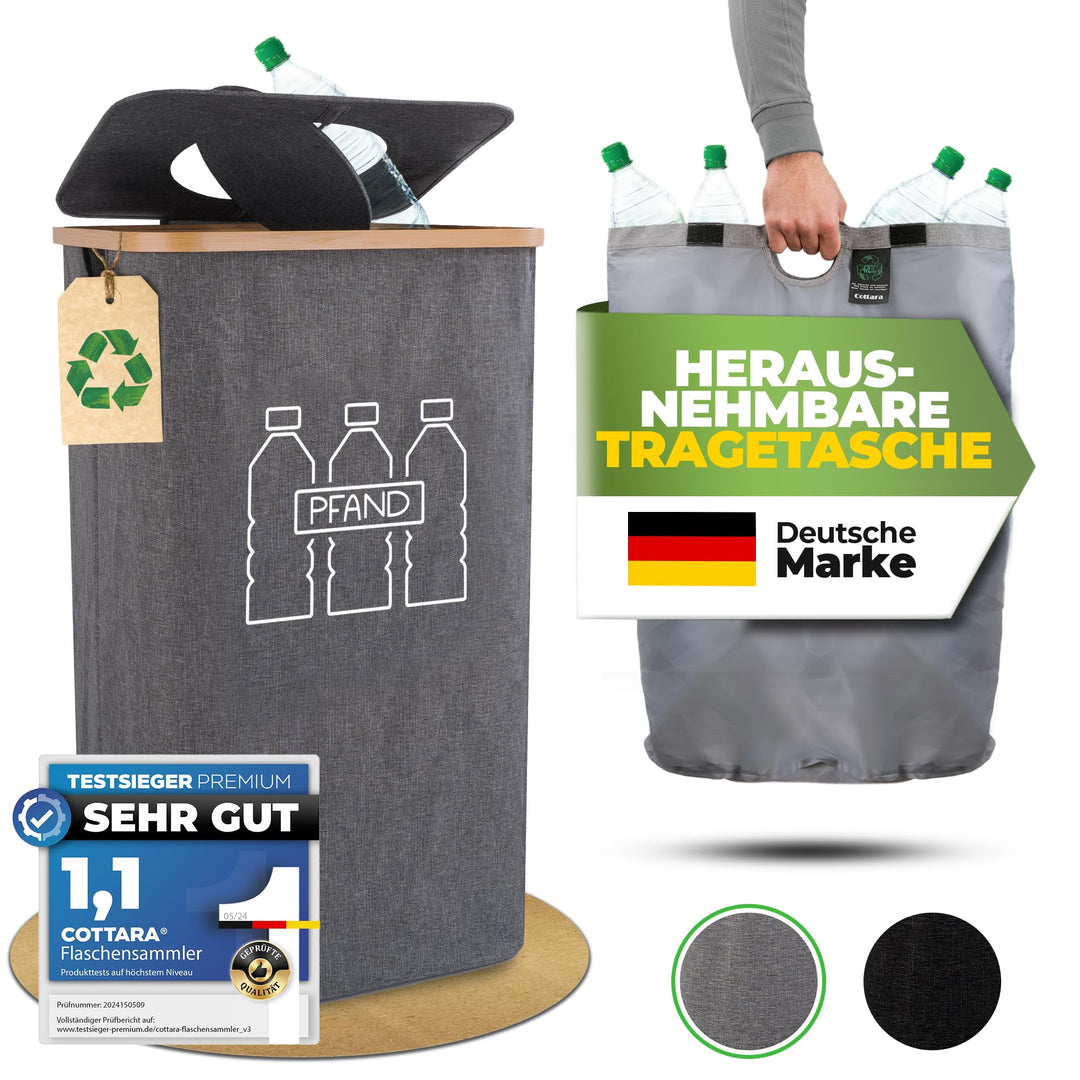 COTTARA® Pfandflaschen Sammelbehälter mit Deckel und Tragetasche | Pfandbehälter mit Loch drehbar |