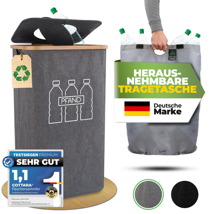 COTTARA® Pfandflaschen Sammelbehälter mit Deckel und Tragetasche | Pfandbehälter mit Loch drehbar |