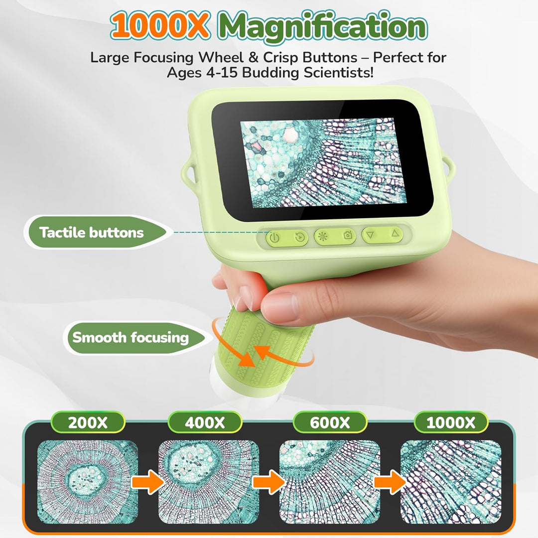 Digitales Mikroskop für Kinder, Mini-Handheld-Miniskop: 1000 x 3 Bildschirme, wiederaufladbar, Mini-