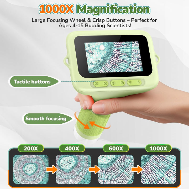 Digitales Mikroskop für Kinder, Mini-Handheld-Miniskop: 1000 x 3 Bildschirme, wiederaufladbar, Mini-