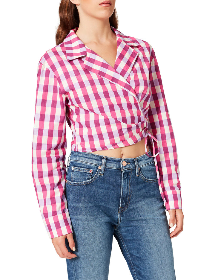 NA-KD Damen Overlap Cropped Shirt Hemd 38 Pink Kariert, 38 Pink Kariert