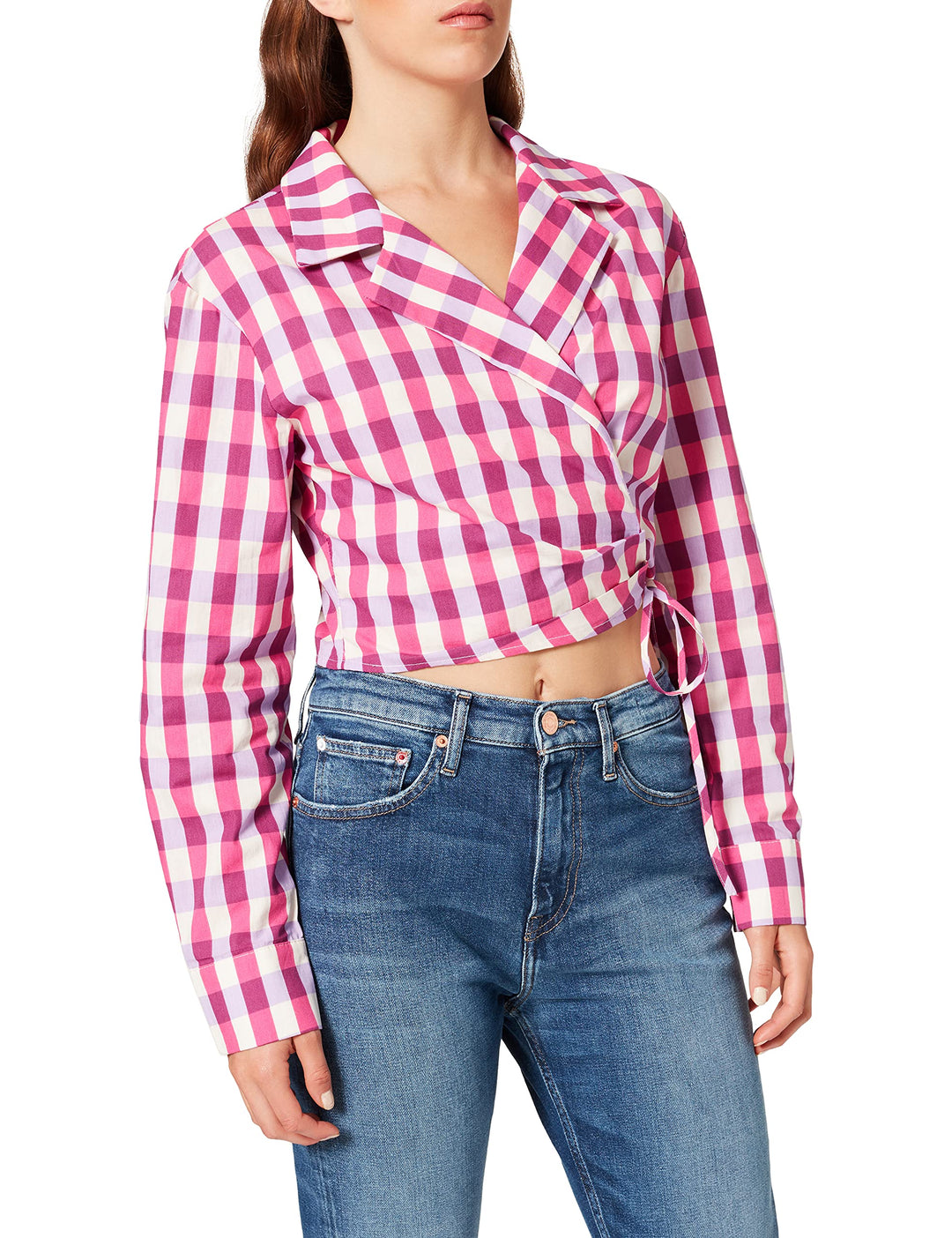 NA-KD Damen Overlap Cropped Shirt Hemd 40 Pink Kariert, 40 Pink Kariert