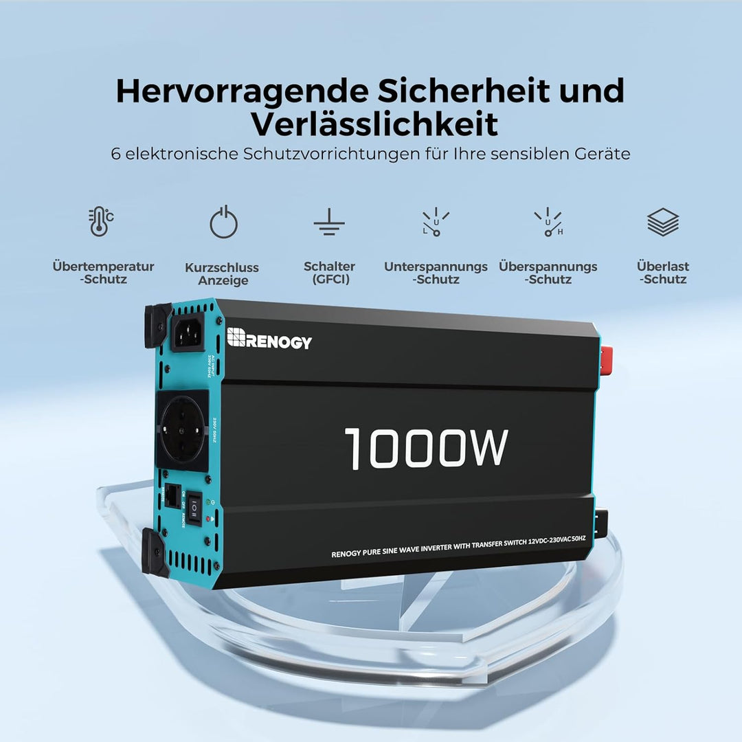 Renogy 1000W/2000W Reiner Sinus Wechselrichter mit Netzvorrangschaltung, 12V zu 230V Spannungswandle