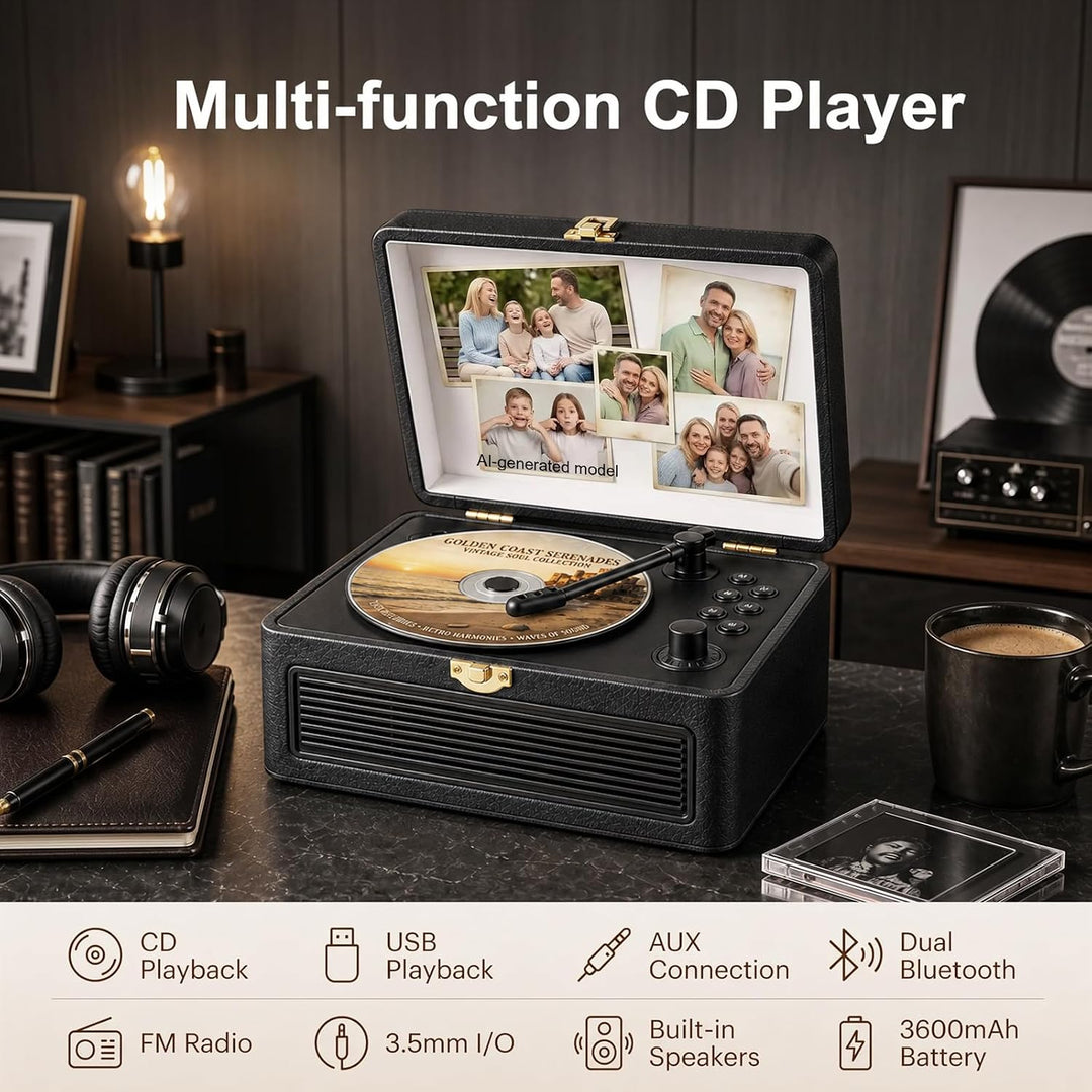 Gueray Tragbarer Bluetooth CD-Player mit Lautsprechern 3600mAh Wiederaufladbarer Vintage CD Spieler