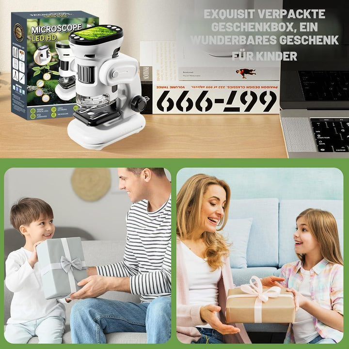 Auveach 3-in-1 Mikroskop für Kinder 1000X, USB Tragbares Digitales Mikroskop mit 2,0" Bildschirm - W