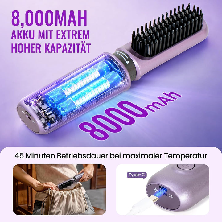 2-in-1 Kabellose Glättungsbürste Lockenstab, Akku Wärmebürste Haarglätter, wiederaufladbares Haarloc