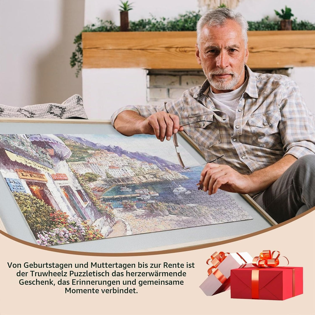 2-in-1 Kipp- und Drehpuzzle-Brett als Geschenk für Erwachsene – Holz-Puzzle-Tisch mit 4 Schubladen (