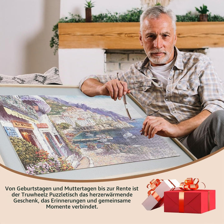 2-in-1 Kipp- und Drehpuzzle-Brett als Geschenk für Erwachsene – Holz-Puzzle-Tisch mit 4 Schubladen (
