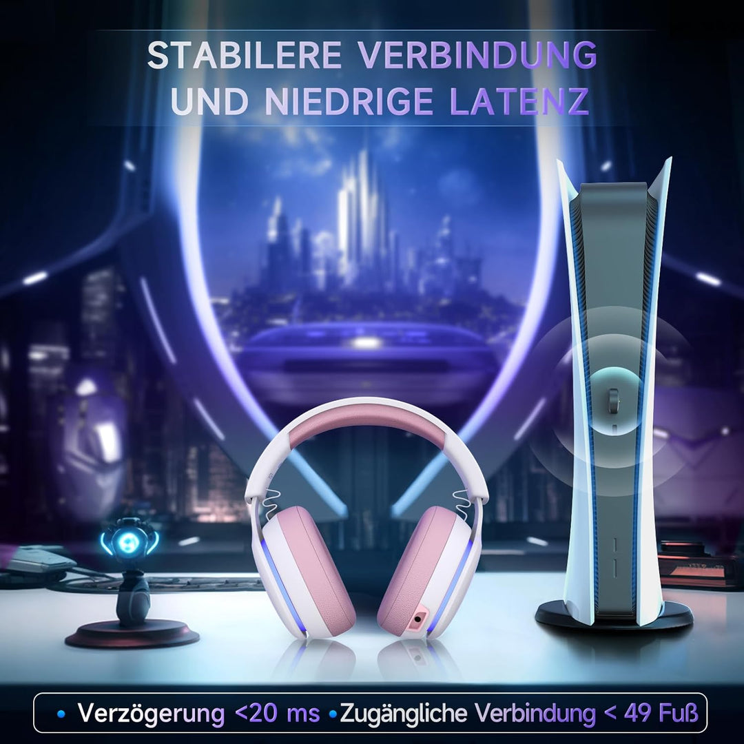 Gvyugke Gaming Headset Wireless, Pink Gaming Kopfhörer Kabellos mit Abnehmbares 3D-Stereomikrofon, B