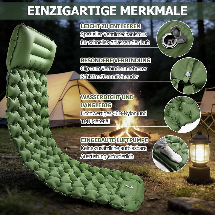 Isomatte Camping Schlafmatte, Aufblasbare Isomatte Ultraleicht, Sleeping Isomatte mit Kissen & Fussp