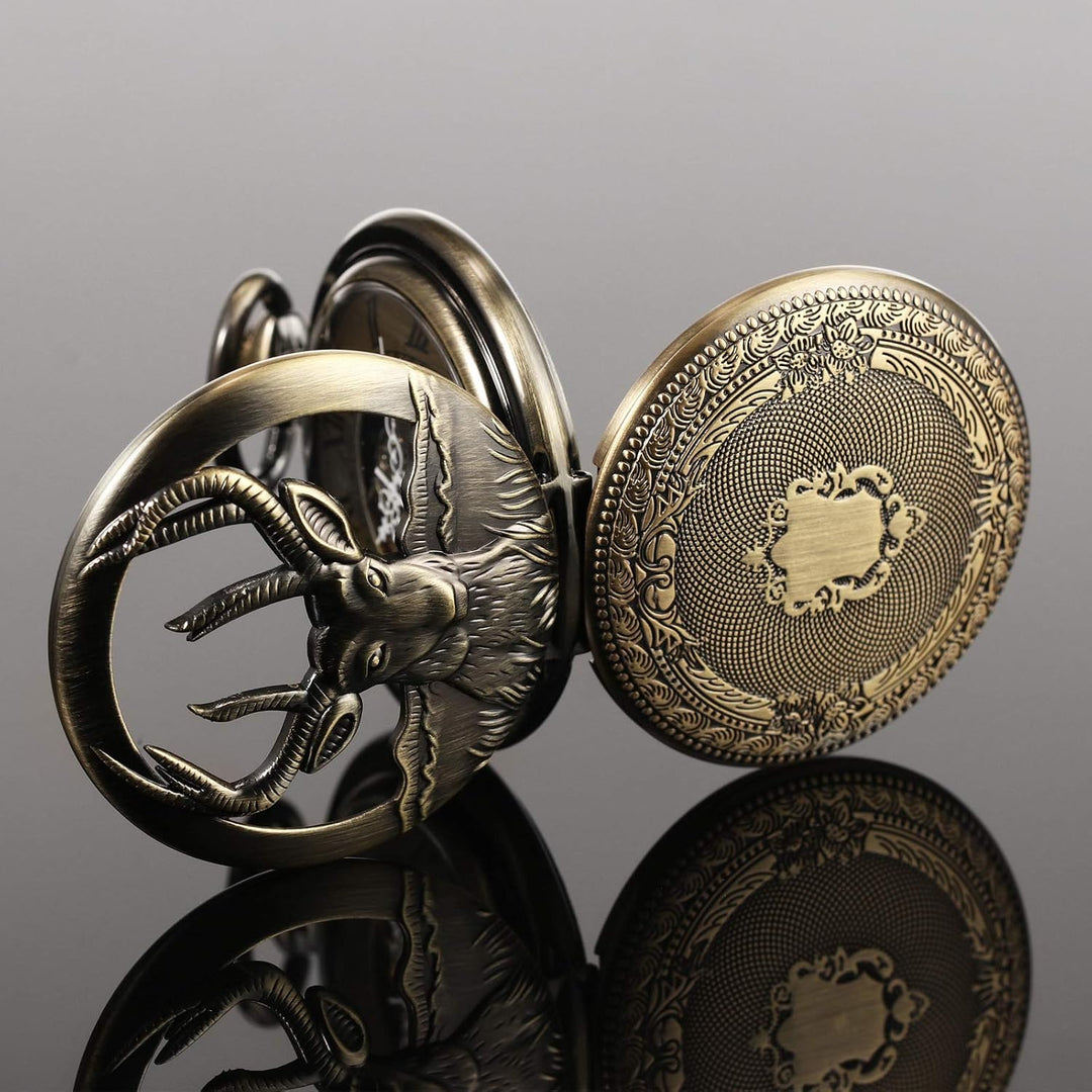 TREEWETO Unisex Taschenuhr Mechanisch Handaufzug Doppelter Abdeckung Rentier Hirsch Bronze Hohles Ge