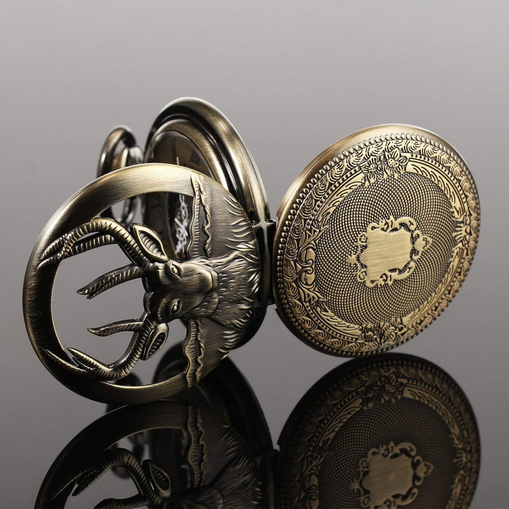 TREEWETO Unisex Taschenuhr Mechanisch Handaufzug Doppelter Abdeckung Rentier Hirsch Bronze Hohles Ge