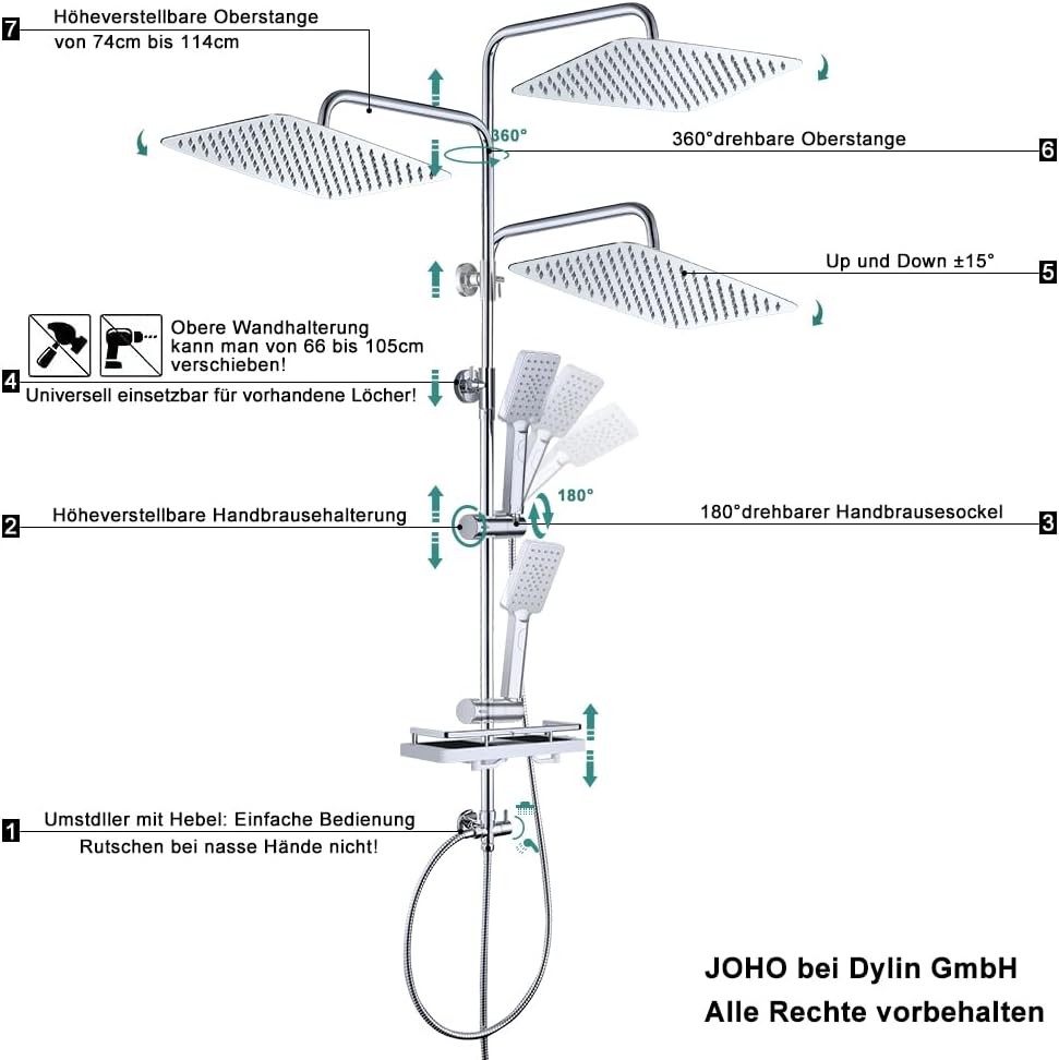 JOHO Regendusche Duschsystem ohne Duscharmatur Chrom Duschset mit Ablage, Duschkopf, Duschstange, Du