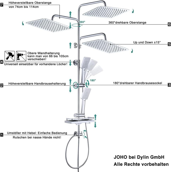 JOHO Regendusche Duschsystem ohne Duscharmatur Chrom Duschset mit Ablage, Duschkopf, Duschstange, Du