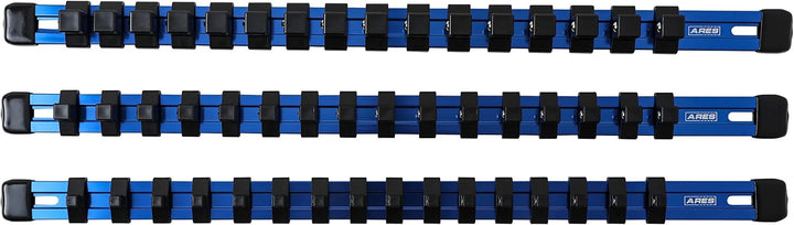 ARES 60041-3-Piece 17-Inch Blue Aluminum Socket Rail Set - 1/4-Inch, 3/8-Inch, and 1/2-Inch Drive So