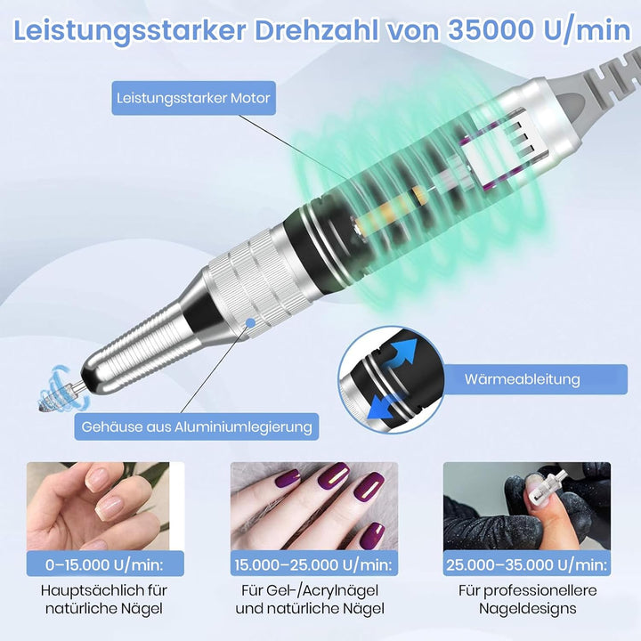 Nagelfräser Elektrisch 35000 U/min, Delanie Akku-Nagelfräser für Acrylnägel Nagellack, wiederaufladb