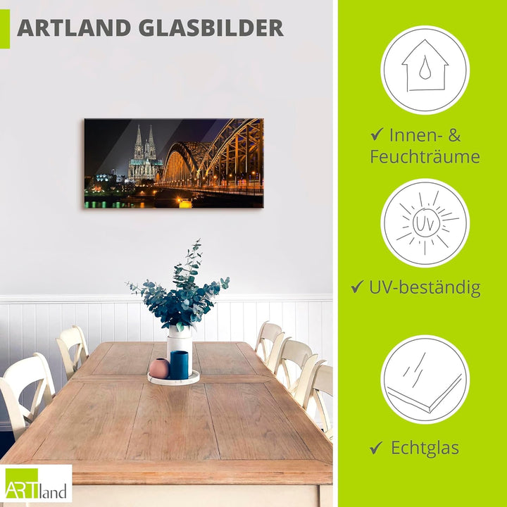 ARTland Glasbilder Wandbild Glas Bild einteilig 60x30 cm Querformat Köln Rheinbrücke Kölner Dom Gebä
