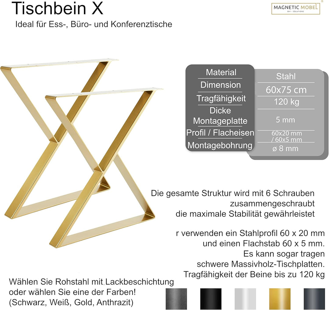 Magnetic Mobel Tischgestell X-Form aus 60x20 mm Profile, x-förmiges Tischkufen 60x75 cm (Schwarz), S