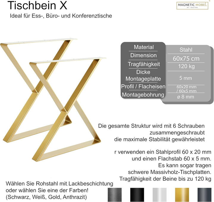 Magnetic Mobel Tischgestell X-Form aus 60x20 mm Profile, x-förmiges Tischkufen 60x75 cm (Schwarz), S